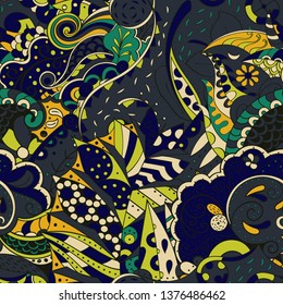 Tracery seamless pattern. Mehndi design. Ethnic colorful doodle texture. Curved doodling background. Vector