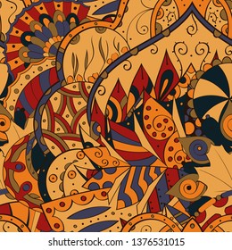 Tracery seamless pattern. Mehndi design. Ethnic colorful doodle texture. Curved doodling background. Vector