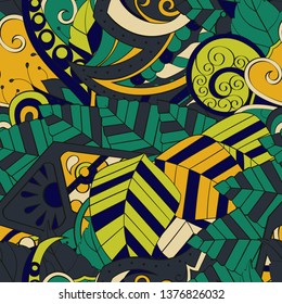 Tracery seamless pattern. Mehndi design. Ethnic colorful doodle texture. Curved doodling background. Vector