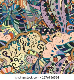 Tracery seamless pattern. Mehndi design. Ethnic colorful doodle texture. Curved doodling background. Vector