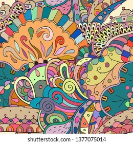 Tracery seamless pattern. Mehndi design. Ethnic colorful doodle texture. Curved doodling background. Vector