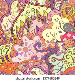Tracery seamless pattern. Mehndi design. Ethnic colorful doodle texture. Curved doodling background. Vector