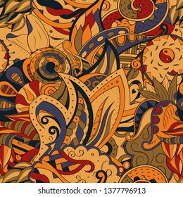 Tracery seamless pattern. Mehndi design. Ethnic colorful doodle texture. Curved doodling background. Vector