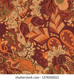 Tracery seamless pattern. Mehndi design. Ethnic colorful doodle texture. Curved doodling background. Vector
