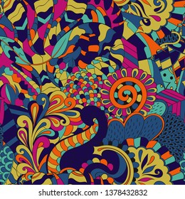 Tracery seamless pattern. Mehndi design. Ethnic colorful doodle texture. Curved doodling background. Vector