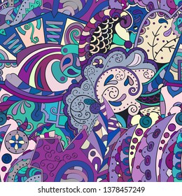 Tracery seamless pattern. Mehndi design. Ethnic colorful doodle texture. Curved doodling background. Vector