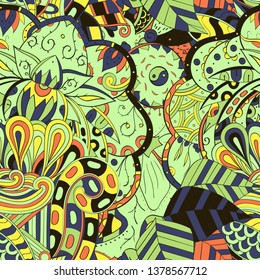 Tracery seamless pattern. Mehndi design. Ethnic colorful doodle texture. Curved doodling background. Vector