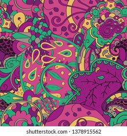 Tracery seamless pattern. Mehndi design. Ethnic colorful doodle texture. Curved doodling background. Vector