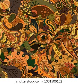Tracery seamless pattern. Mehndi design. Ethnic colorful doodle texture. Curved doodling background. Vector