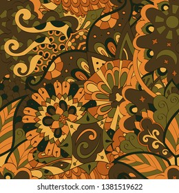 Tracery seamless pattern. Mehndi design. Ethnic colorful doodle texture. Curved doodling background. Vector