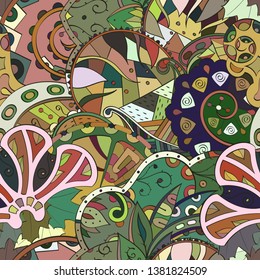 Tracery seamless pattern. Mehndi design. Ethnic colorful doodle texture. Curved doodling background. Vector