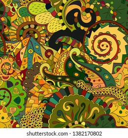 Tracery seamless pattern. Mehndi design. Ethnic colorful doodle texture. Curved doodling background. Vector