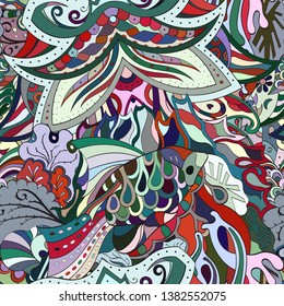 Tracery seamless pattern. Mehndi design. Ethnic colorful doodle texture. Curved doodling background. Vector
