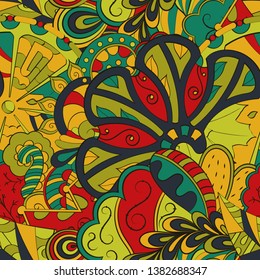Tracery seamless pattern. Mehndi design. Ethnic colorful doodle texture. Curved doodling background. Vector