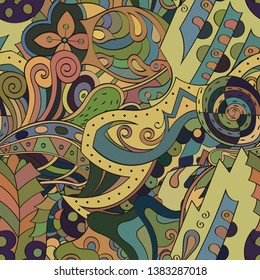 Tracery seamless pattern. Mehndi design. Ethnic colorful doodle texture. Curved doodling background. Vector