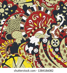 Tracery seamless pattern. Mehndi design. Ethnic colorful doodle texture. Curved doodling background. Vector