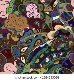 Tracery seamless pattern. Mehndi design. Ethnic colorful doodle texture. Curved doodling background. Vector