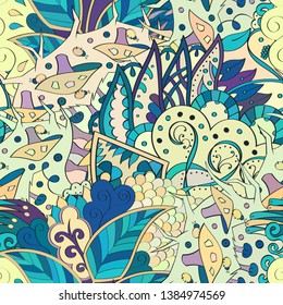 Tracery seamless pattern. Mehndi design. Ethnic colorful doodle texture. Curved doodling background. Vector