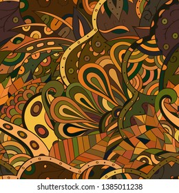 Tracery seamless pattern. Mehndi design. Ethnic colorful doodle texture. Curved doodling background. Vector