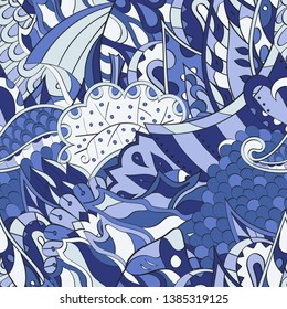 Tracery seamless pattern. Mehndi design. Ethnic colorful doodle texture. Curved doodling background. Vector