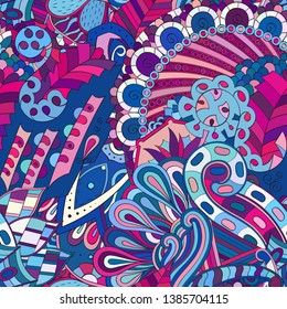 Tracery seamless pattern. Mehndi design. Ethnic colorful doodle texture. Curved doodling background. Vector