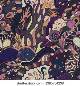 Tracery seamless pattern. Mehndi design. Ethnic colorful doodle texture. Curved doodling background. Vector