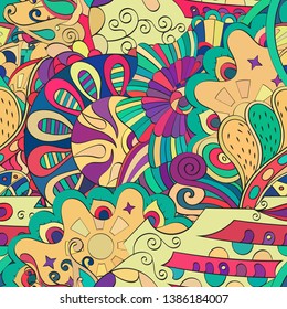 Tracery seamless pattern. Mehndi design. Ethnic colorful doodle texture. Curved doodling background. Vector