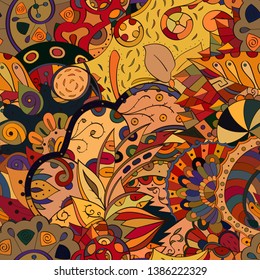 Tracery seamless pattern. Mehndi design. Ethnic colorful doodle texture. Curved doodling background. Vector