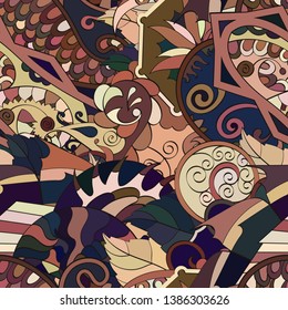 Tracery seamless pattern. Mehndi design. Ethnic colorful doodle texture. Curved doodling background. Vector