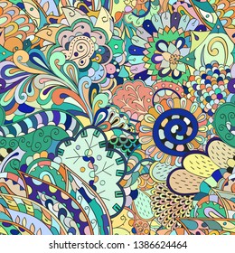 Tracery seamless pattern. Mehndi design. Ethnic colorful doodle texture. Curved doodling background. Vector