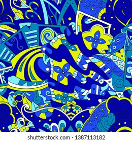 Tracery seamless pattern. Mehndi design. Ethnic colorful doodle texture. Curved doodling background. Vector