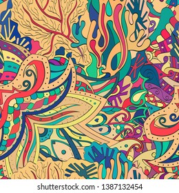 Tracery seamless pattern. Mehndi design. Ethnic colorful doodle texture. Curved doodling background. Vector