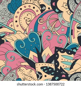 Tracery seamless pattern. Mehndi design. Ethnic colorful doodle texture. Curved doodling background. Vector
