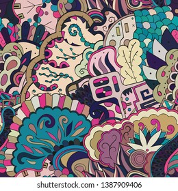 Tracery seamless pattern. Mehndi design. Ethnic colorful doodle texture. Curved doodling background. Vector