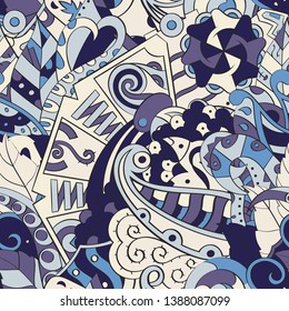Tracery seamless pattern. Mehndi design. Ethnic colorful doodle texture. Curved doodling background. Vector