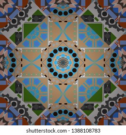 Tracery seamless pattern. Mehndi design. Ethnic colorful doodle texture in beige, blue and gray colors. Vector curved doodling background.