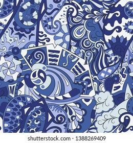 Tracery seamless pattern. Mehndi design. Ethnic colorful doodle texture. Curved doodling background. Vector