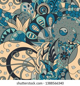 Tracery seamless pattern. Mehndi design. Ethnic colorful doodle texture. Curved doodling background. Vector