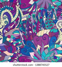 Tracery seamless pattern. Mehndi design. Ethnic colorful doodle texture. Curved doodling background. Vector
