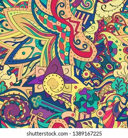 Tracery seamless pattern. Mehndi design. Ethnic colorful doodle texture. Curved doodling background. Vector