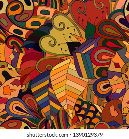Tracery seamless pattern. Mehndi design. Ethnic colorful doodle texture. Curved doodling background. Vector