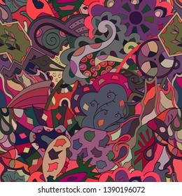 Tracery seamless pattern. Mehndi design. Ethnic colorful doodle texture. Curved doodling background. Vector