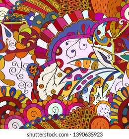 Tracery seamless pattern. Mehndi design. Ethnic colorful doodle texture. Curved doodling background. Vector