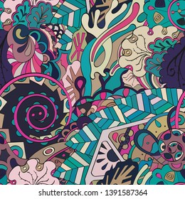 Tracery seamless pattern. Mehndi design. Ethnic colorful doodle texture. Curved doodling background. Vector