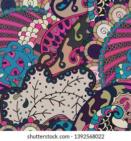 Tracery seamless pattern. Mehndi design. Ethnic colorful doodle texture. Curved doodling background. Vector