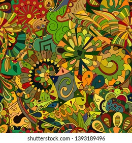Tracery seamless pattern. Mehndi design. Ethnic colorful doodle texture. Curved doodling background. Vector