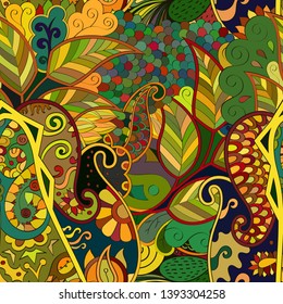 Tracery seamless pattern. Mehndi design. Ethnic colorful doodle texture. Curved doodling background. Vector