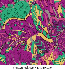 Tracery seamless pattern. Mehndi design. Ethnic colorful doodle texture. Curved doodling background. Vector