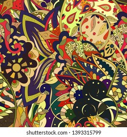 Tracery seamless pattern. Mehndi design. Ethnic colorful doodle texture. Curved doodling background. Vector