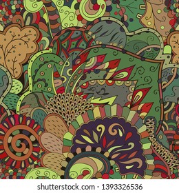 Tracery seamless pattern. Mehndi design. Ethnic colorful doodle texture. Curved doodling background. Vector